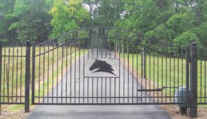 A horse head on the side of a gate.
